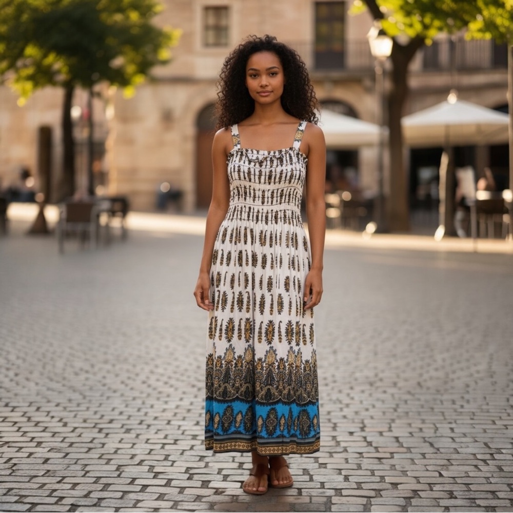 Elegant Blue and Cream Maxi Dress NWOT